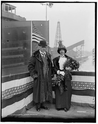 Photo:Str. F.P. Jones Sponsor Man Woman American Flag 1913 Fireboat Launch