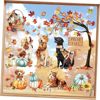  Hello Fall Thanksgiving Pumpkin Window Clings Autumn Maple Leaves Dog Cat