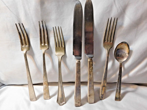 Vintage Silverplate Flatware Lot 7 Pieces Eclectic Mix Forks, Knives and Spoon