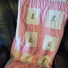 Vintage Cotton Hand Embroidered Machine Quilted ABC Quilt 54"X 89" Pink Border