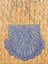 Vintage Navy Blue Beaded Evening Bag Clamshell Shape