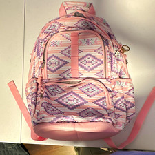 Pink/Purple Geometric Backpack Zip Padded Adjustable Straps Inner Pockets