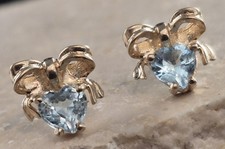 Estate 14k Gold Heart Shaped Blue Topaz Bow Stud Earrings