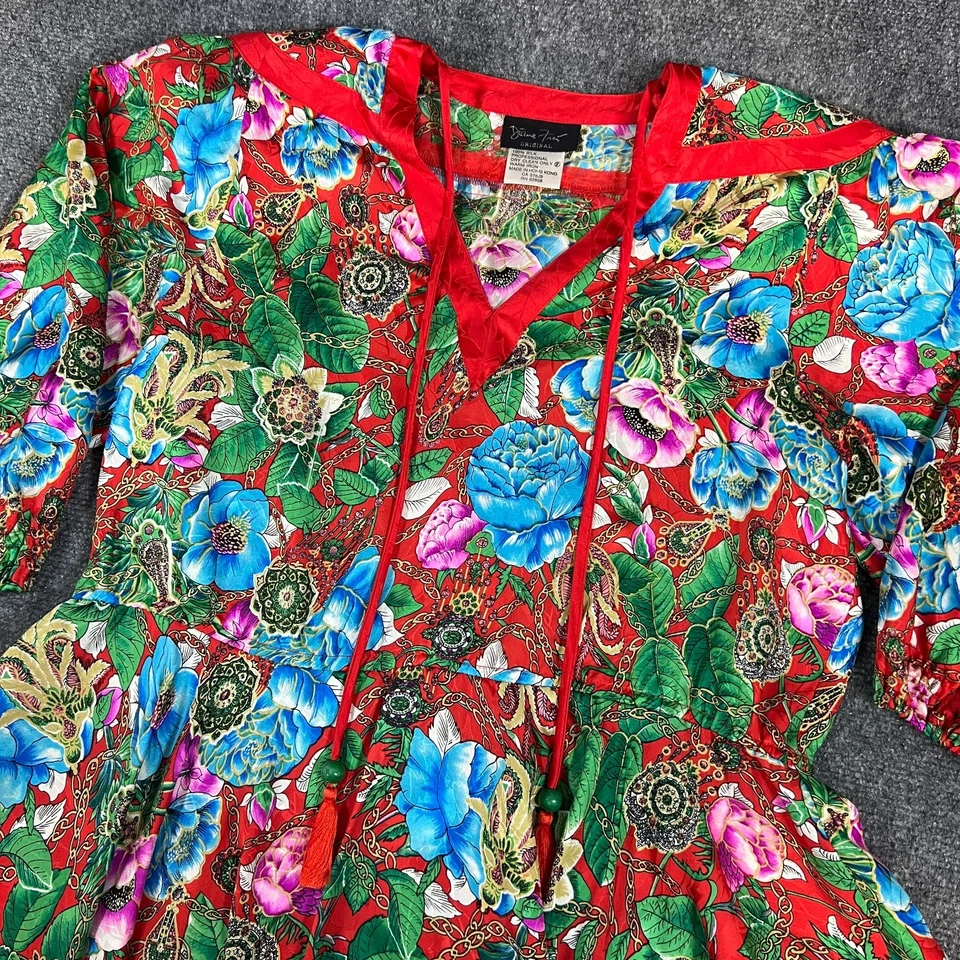 Blusa Diane Freis Original 100% Seda Cuello en V Roja Floral Colorida Talla LS Flex Foto 2 de 4