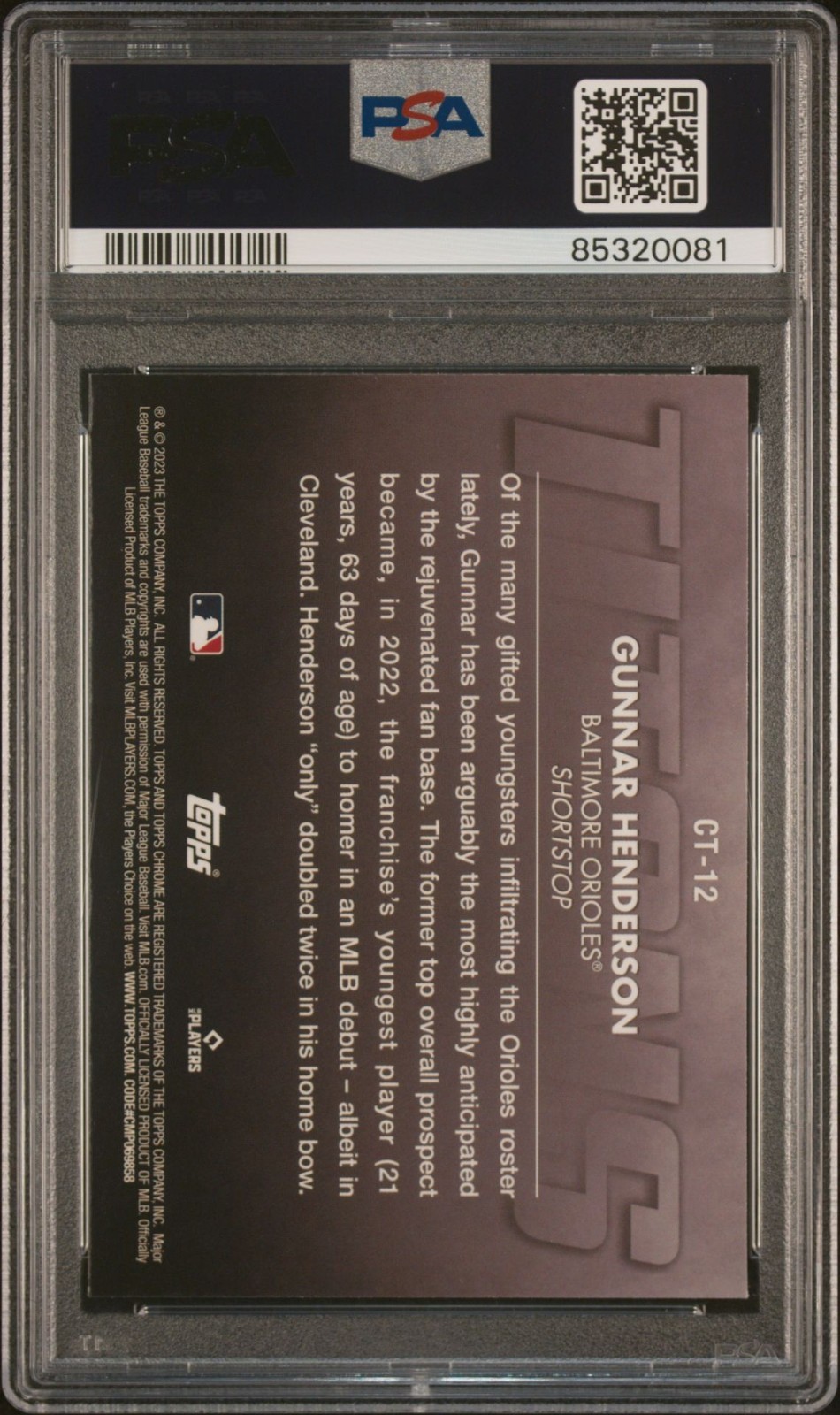 2023 Topps Chrome Titan #CT12 Gunnar Henderson RC - PSA 10 view 2