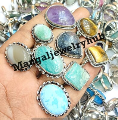 Bulk Lot! 10PC Tiger Eye & Mix Gemstone Rings 925 Sterling Silver Plated Jewelry