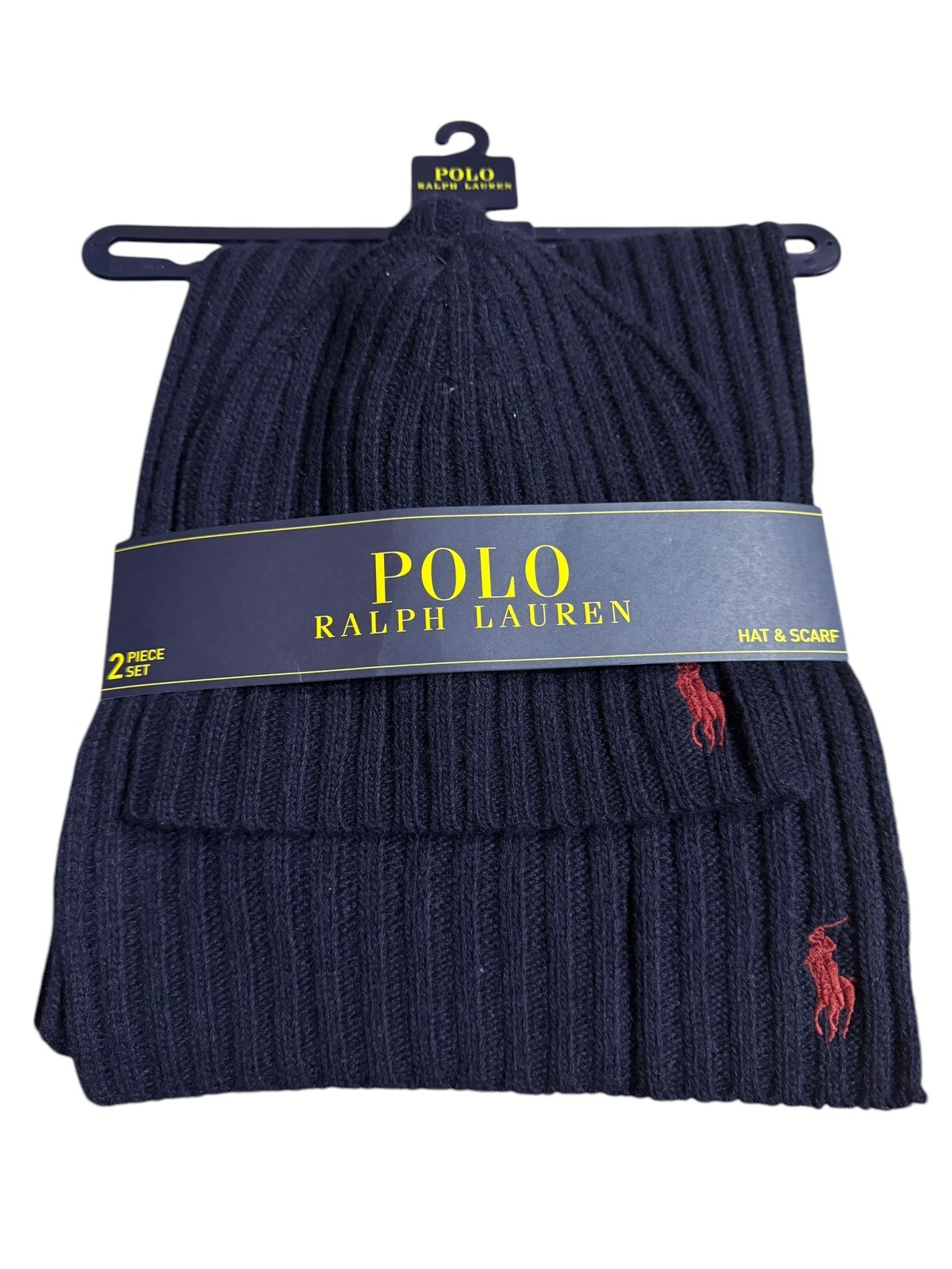 PONY Set sciarpa e cappello berretto Polo Ralph Lauren misto lana agnello blu navy con frangia rossa