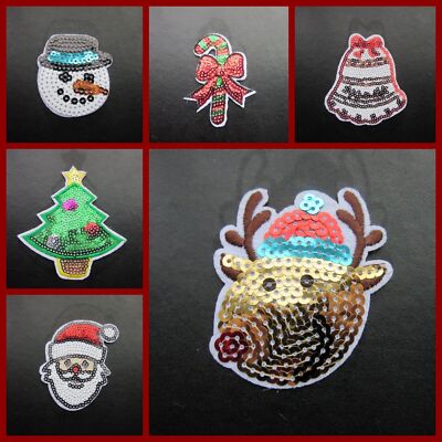WEIHNACHTEN PAILLETTEN BESTICKT BÜGELBILD AUFNÄHER PATCH VERSCHIEDENE DESIGNS