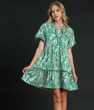 Umgee Mini Dress Green Teal Printed Floral Notched Puff Short Sleeve