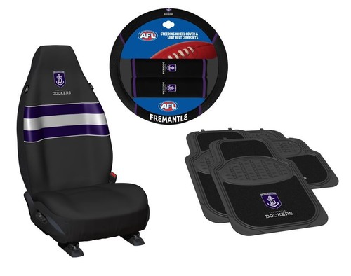 SET OF 3 FREMANTLE DOCKERS AFL CAR SEAT COVERS STEERING WHEEL COVER + FLOOR MATS - 第 1/4 張圖片