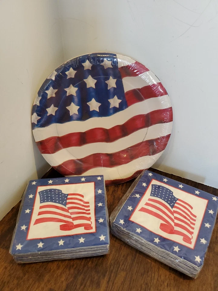 American Flag USA July 4th Patriotic Paper Beverage Napkins Plates Set of 3 - Image 2 of 4