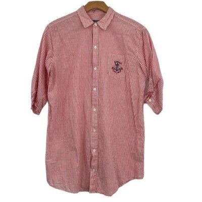 Lauren Ralph Lauren Crest Sleep Shirt Womens Medium Red White Stripes Button Up