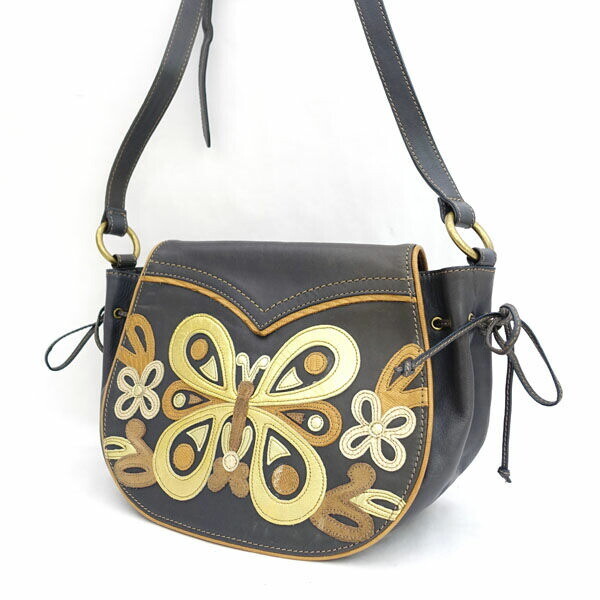 Anna Sui Butterfly Shoulder Bag Leather Gray Gold Brown from JP