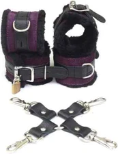 Lockable Wrist/Ankle Restraints with Fur Lining & 4-Way Metal Connector Purple