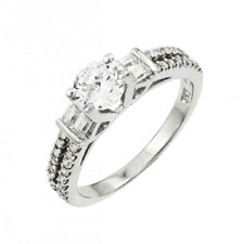 Sterling Silver Ladies Ring w/5mm 0.5 ct Round Cut Center  Baguette CZ Stones