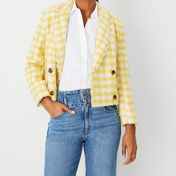 Ann Taylor | Yellow Plaid Fringe Tweed Double Breasted