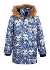 Perry Ellis Boys' Faux Fur Trim Hooded Anorak Puffer Jacket Camo Blue Size 14/16