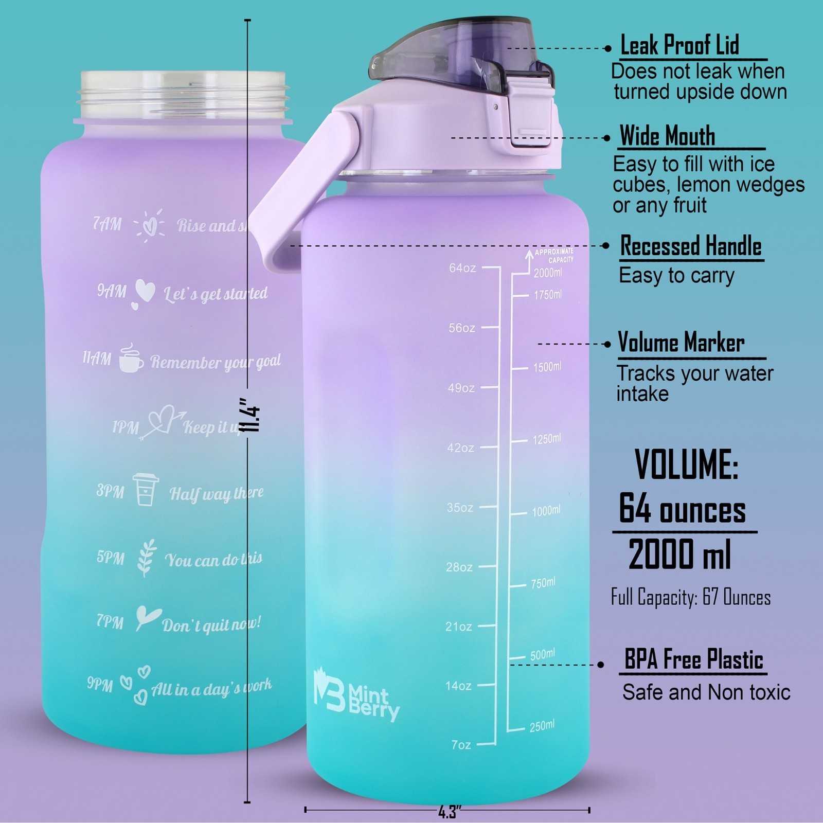 64 Oz Sport Fitness Motivational Drinking Water Bottle With Time Marker BPA Free