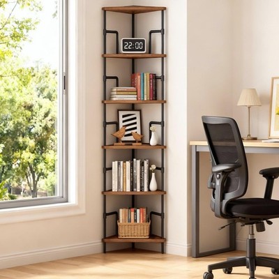 MAHANCRIS 65'' Corner Shelf, 6-Tier Industrial 6 Tier, Rustic Brown