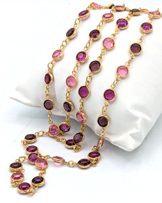 Vintage Swarovski Triple Berry Pink Crystal Necklace Gold Tone Station Chain 32''