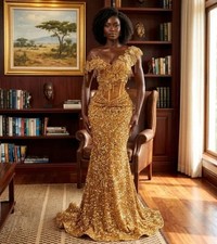 Sparkly Gold Sequin Mermaid Prom Dress Off Shoulder Beaded Flower Evening Gowns