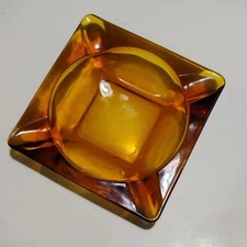 Ashtray Vintage Amber  4.5" X 4.5" Cigar Or Cigarette, Deep Amber Color, Heavy