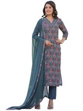 Women's Rayon Blend Straight Printed Kurta with Pant Dupatta