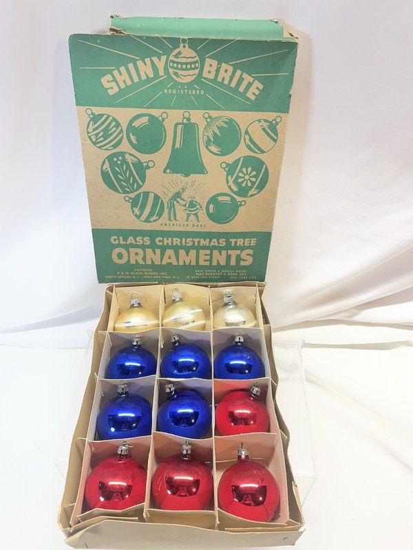 12 Vintage SHINY BRITE Mercury Glass Christmas Ornaments in Box