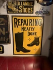 Vintage Original Tin Shoe Sign “Repairing Neatly Done” Vintage Advertising