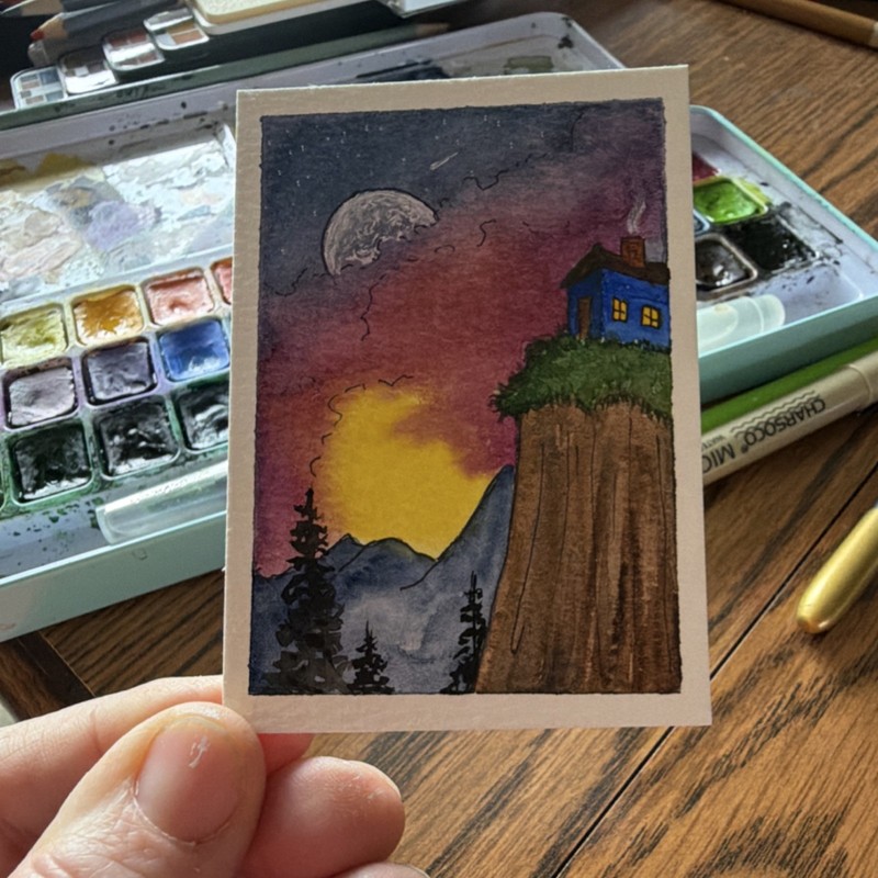 Donna Hawk ACEO "Blue House" Original Miniature Watercolor Signed Landscape