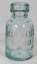 c1900 AQUA GLASS JAR Antique MELLIN'S FOOD FREE  SAMPLE  DOLIBER-GOODALE BOSTON