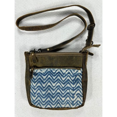 Myra Bag Leather Canvas Chevron Crossbody Bag Purse Blue Brown Small