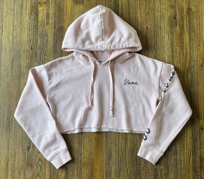 VANS  Off The Wall  Cursive Spellout Raw Cut Hem Cropped Sweatshirt Hoodie