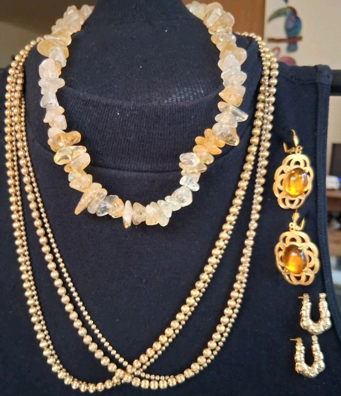 Lot Of 4- 2 Necklaces (One Smooth Raw Citrine Nugget 15" Ncklce) 2 Prs Of Errngs