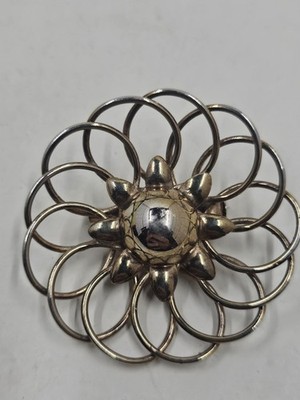 Vintage Silver Tone Open Wire Loop Swirl Pinwheel Flower Brooch Domed Center 2''