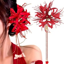 Red Spider Lily Flower Hair Clips for Women Tassel Flower Clips for Hair Acce...