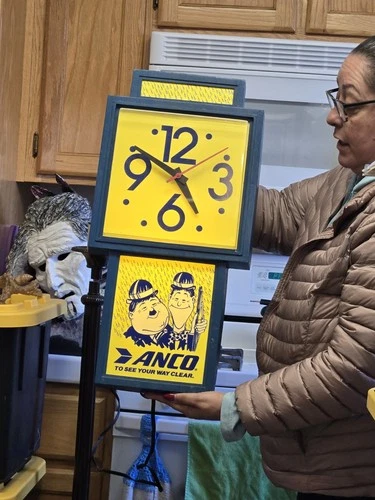 Vintage 1985 Laurel & Hardy ANCO Wipers Lighted Clock Sign 24" x 12" Great Shape