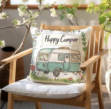 Happy Camper Cushion Cover 45x45cm Camping Caravan Motor home Camper Van Gift