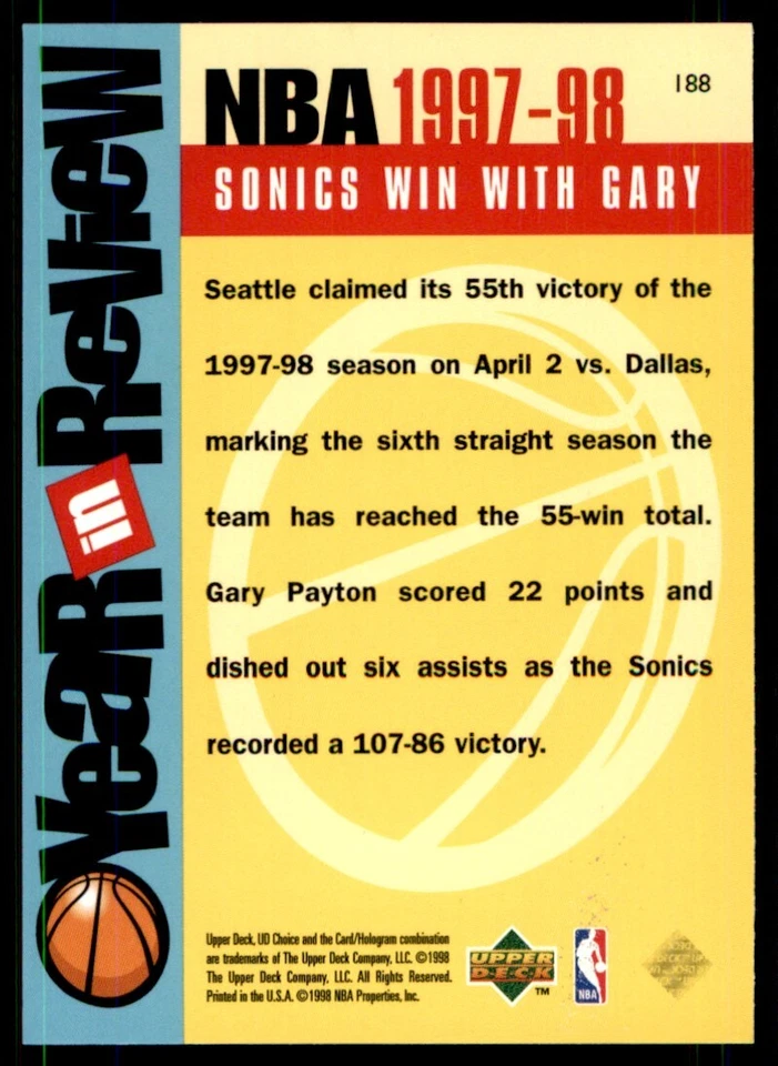 1998-99 UD Choice Gary Payton Seattle SuperSonics #188 - Image 2 of 2