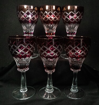 Wine Glasses Ruby Cut To Clear Diamond Cut 6 5/8'' Stunning Set of 6