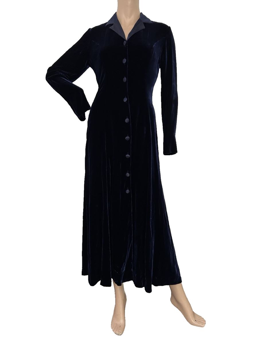 Vintage LAURA ASHLEY Navy Velvet Riding Coat Shirt Dress UK 10 US