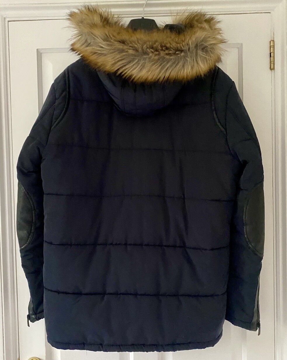 ZARA Man Padded Navy Blue Coat Fur Hood Faux Leather Trim Winter Men’s