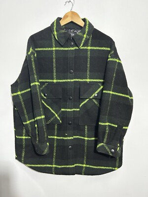 Womens Zara Uk Large Green Check Wool Snap Button Up Shacket Jacket  UK