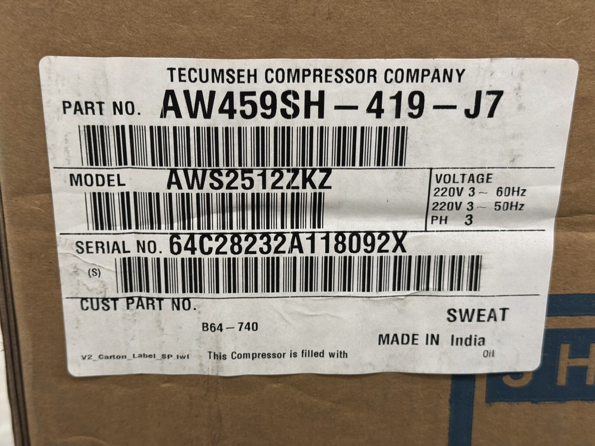 NEW TECUMSEH AW459SH-419-J7 RECIPROCATING COMPRESSOR 220V 60HZ 3PH