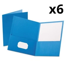 (6) Twin-Pocket Folder, Embossed Leather Grain Paper, Light Blue, 25/Box