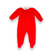 N8 Little Me Christmas Velour Romper Sleeper Baby Infant Girls Red Holly 24