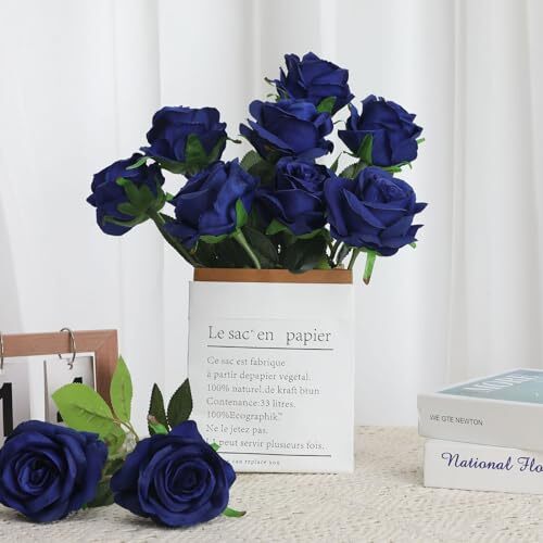 Blue Fake Roses Artificial Flowers - 10 Pcs Fake Artificial Roses Silk - Picture 5 of 7