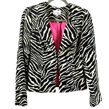 Vtg 3 Sisters Women M Zebra Bk/wt Jacket Pink Lining Short Waisted Blazer 80's