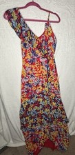 Lulu’s Radiant Ruby Red Floral Print Chiffon Maxi Dress Sz XS