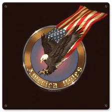 America Rides Eagle Metal Sign - Hand Made in the USA with American Steel